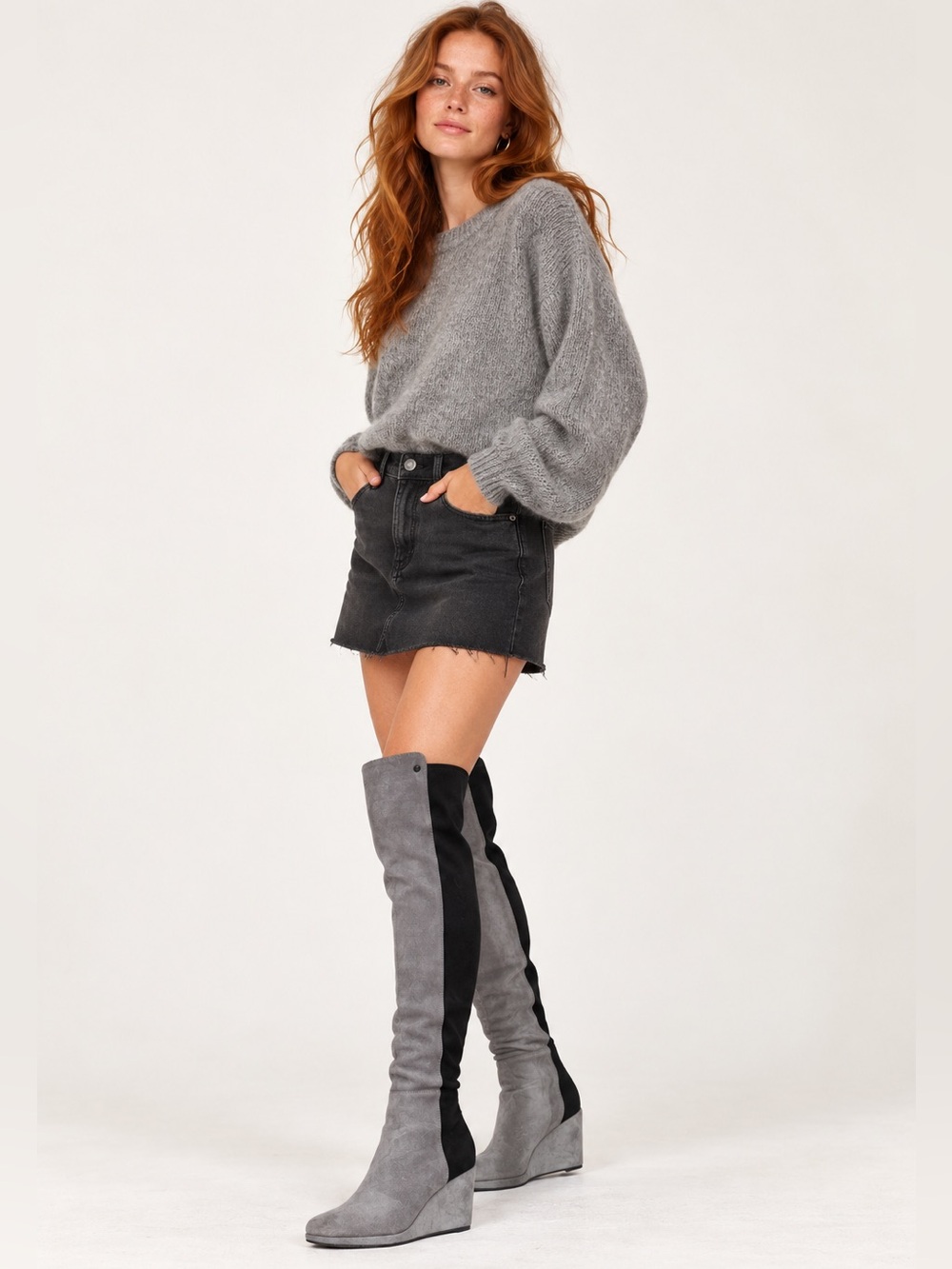 Vince Camuto Suede Gray and Black Over-the-Knee Wedge Boots